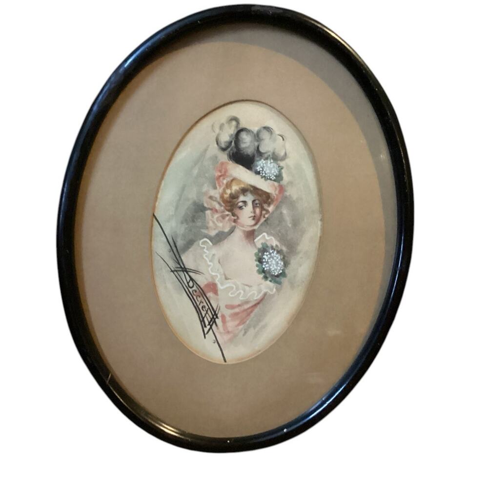 Antique Watercolor Painting Victorian Lady Signed Decret Metal Oval Frame